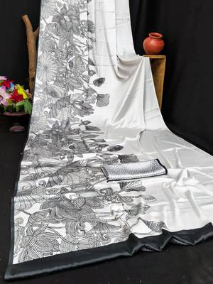 White printed satin saree with blouse piece 4