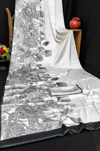 White printed satin saree with blouse piece