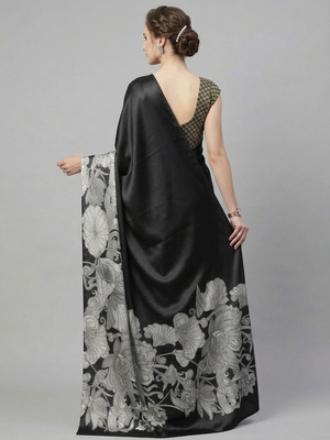 Black printed satin saree with blouse piece 3