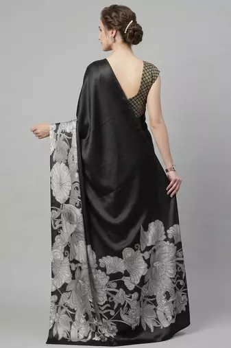 Black printed satin saree with blouse piece