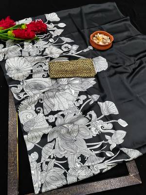 Black printed satin saree with blouse piece 5
