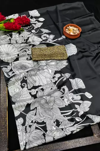 Black printed satin saree with blouse piece