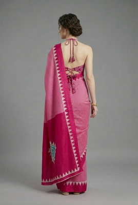 Pink printed satin saree with blouse piece 3