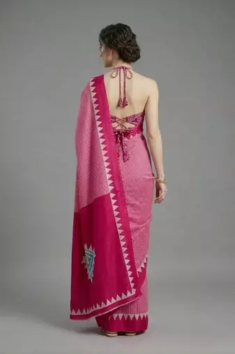 Pink printed satin saree with blouse piece