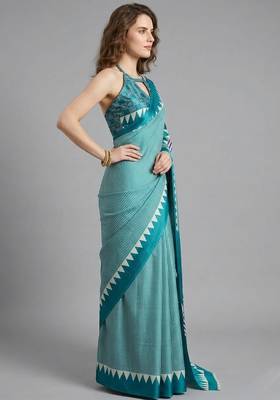 Blue printed satin saree with blouse piece 2