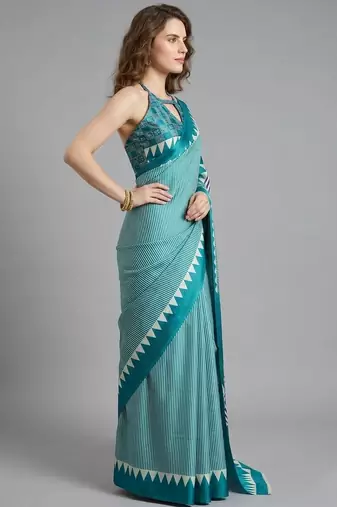 Blue printed satin saree with blouse piece