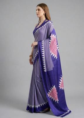 Purple printed satin saree with blouse piece 2
