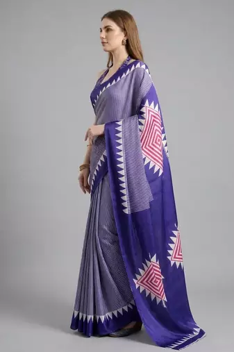 Purple printed satin saree with blouse piece