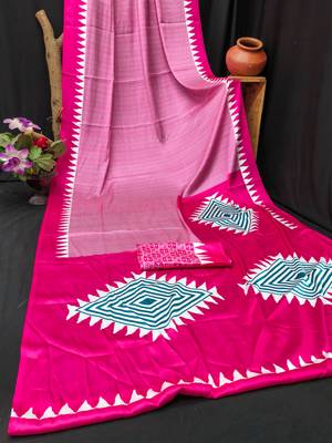 Pink printed satin saree with blouse piece 4