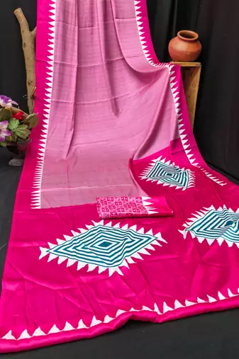 Pink printed satin saree with blouse piece