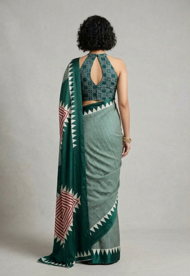 Turquoise printed satin saree with blouse piece 3
