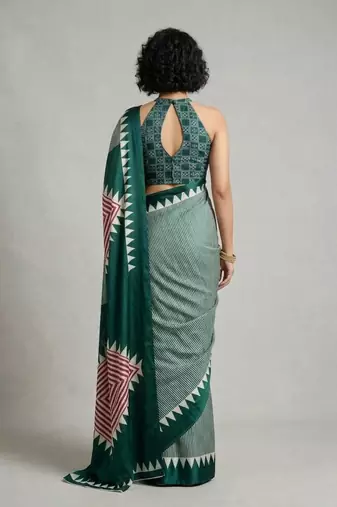 Turquoise printed satin saree with blouse piece