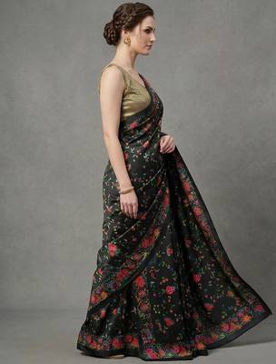 Black printed satin saree with blouse piece 2