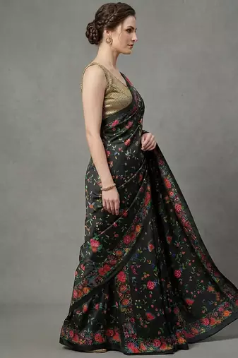 Black printed satin saree with blouse piece