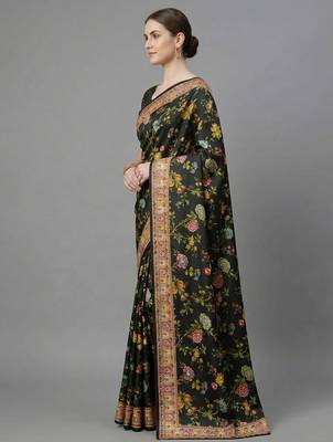 Black printed satin saree with blouse piece 2