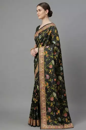 Black printed satin saree with blouse piece