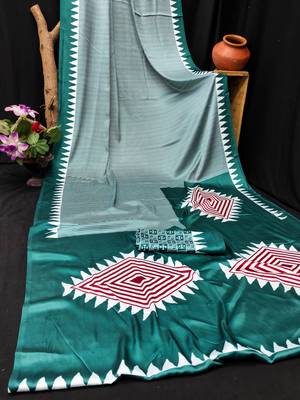 Turquoise printed satin saree with blouse piece 4