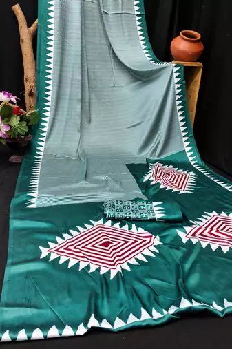Turquoise printed satin saree with blouse piece