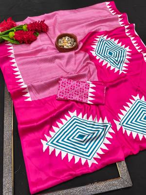 Pink printed satin saree with blouse piece 5