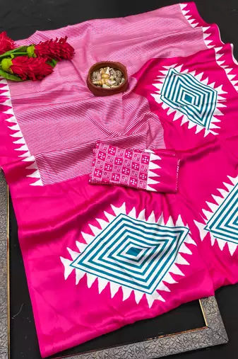 Pink printed satin saree with blouse piece