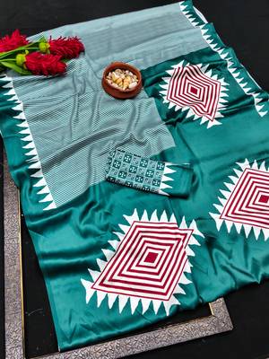 Turquoise printed satin saree with blouse piece 5