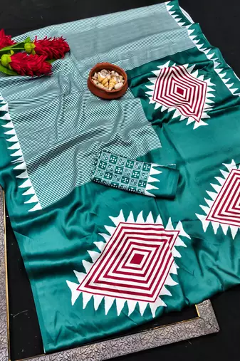 Turquoise printed satin saree with blouse piece