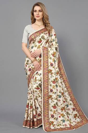 White printed satin saree with blouse piece