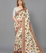 White printed satin saree with blouse piece
