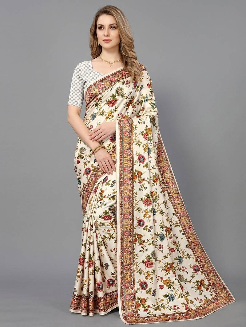 White printed satin saree with blouse piece