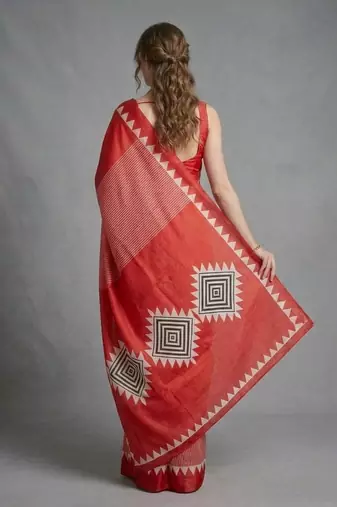 Red printed satin saree with blouse piece