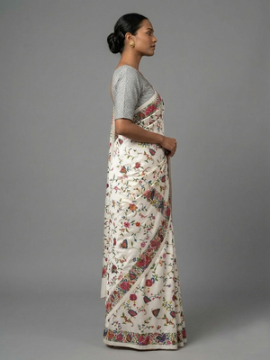 White printed satin saree with blouse piece 2