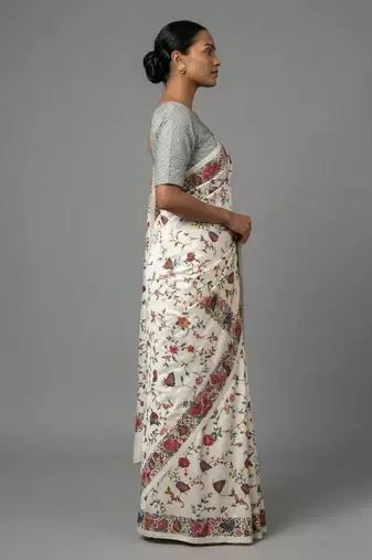 White printed satin saree with blouse piece