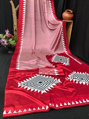 Red printed satin saree with blouse piece 4