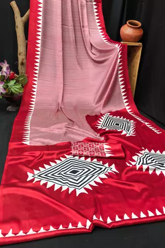 Red printed satin saree with blouse piece