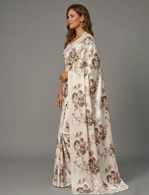 White printed satin saree with blouse piece 2