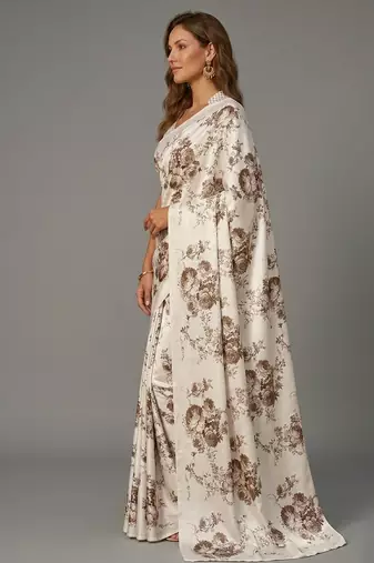 White printed satin saree with blouse piece