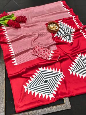 Red printed satin saree with blouse piece 5
