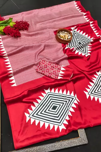 Red printed satin saree with blouse piece