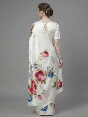 White printed satin saree with blouse piece 3