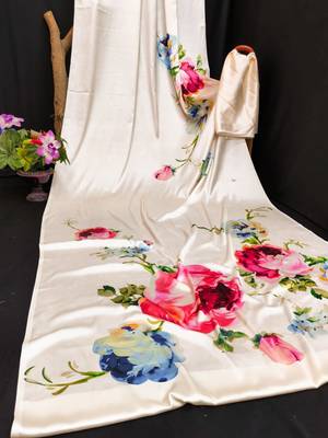 White printed satin saree with blouse piece 4
