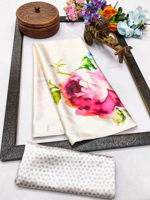 White printed satin saree with blouse piece 5