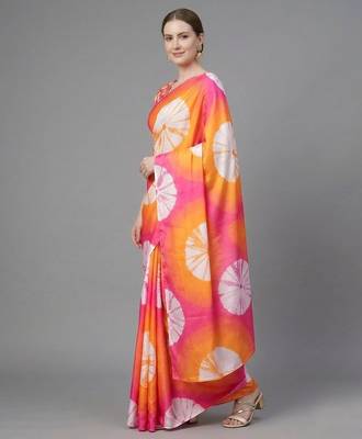 Orange printed satin saree with blouse piece 2
