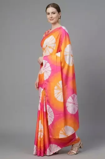 Orange printed satin saree with blouse piece