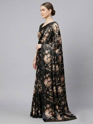 Black printed satin saree with blouse piece 2