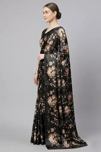 Black printed satin saree with blouse piece