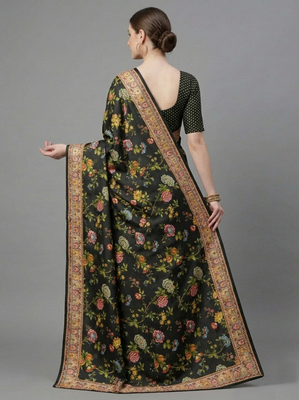 Black printed satin saree with blouse piece 3