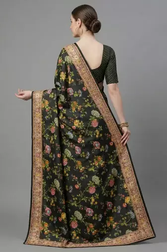 Black printed satin saree with blouse piece