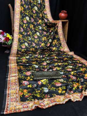 Black printed satin saree with blouse piece 4