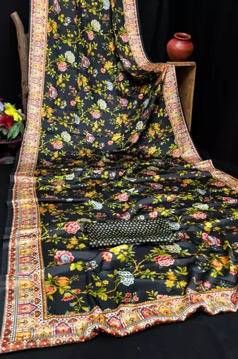 Black printed satin saree with blouse piece
