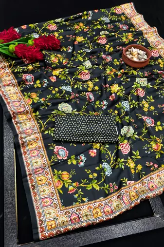 Black printed satin saree with blouse piece